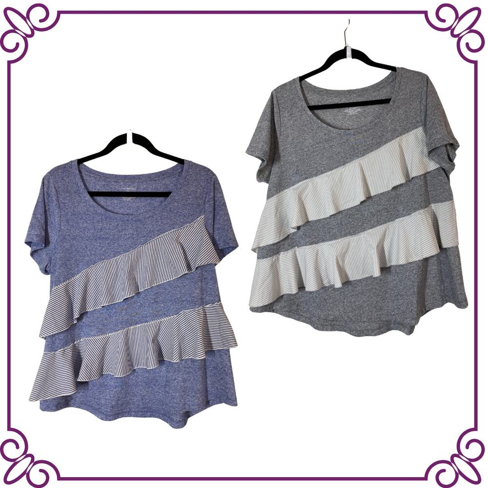 Lot of TWO Lane Bryant Linen Blend Ruffled Short Sleeve Tee Top Blue Gray 14/16